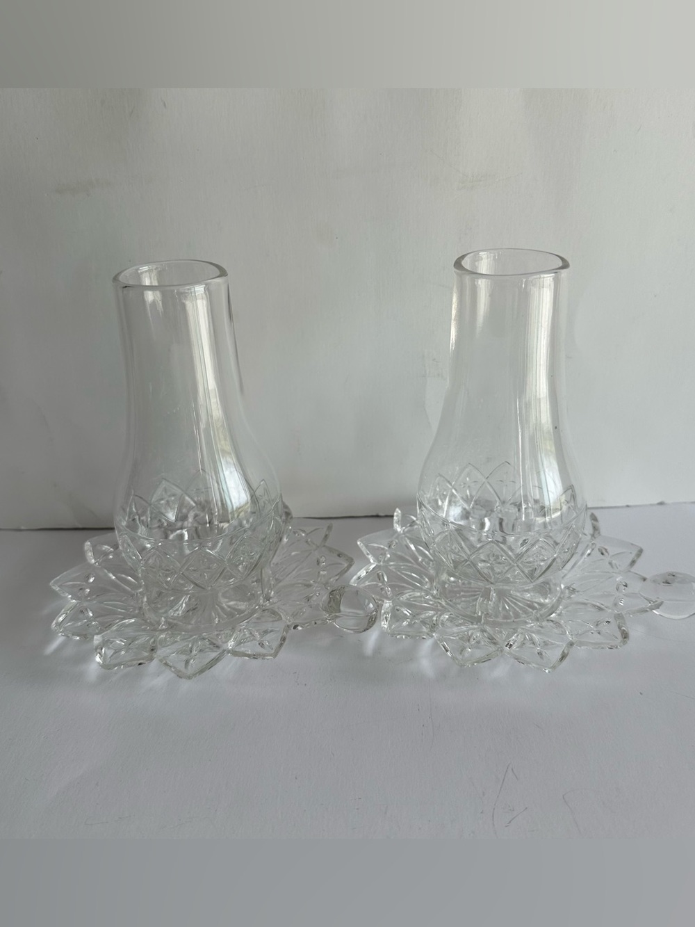 Vintage Federal Glass Hurricane Candle Holders Pair  + 2 matching dishes